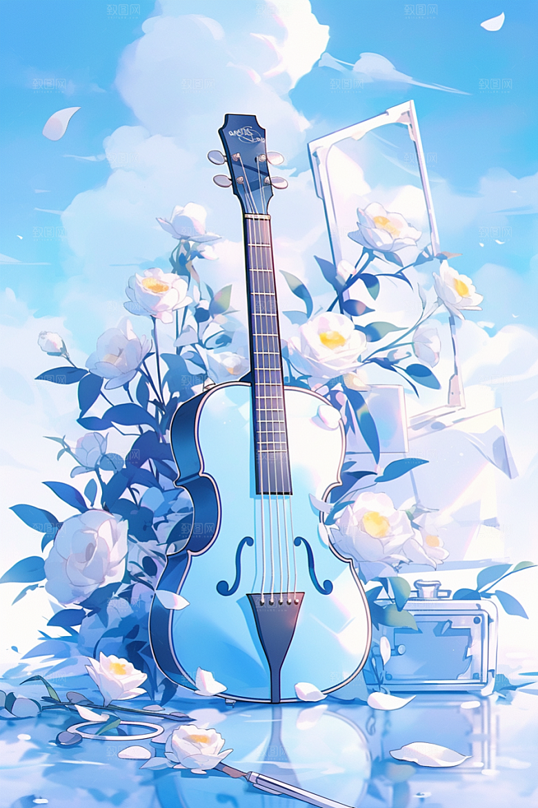 梦幻天空乐器幻想艺术插画