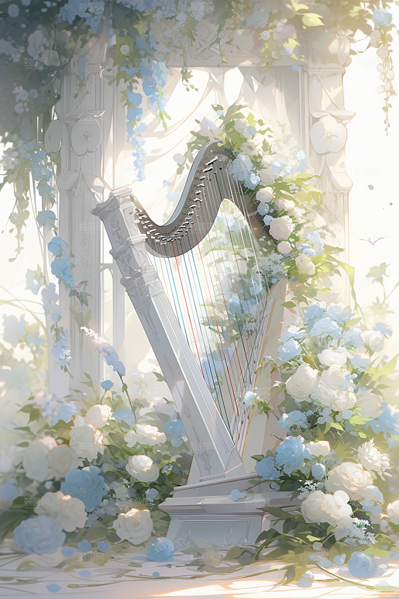 梦幻天空乐器音乐唯美插画