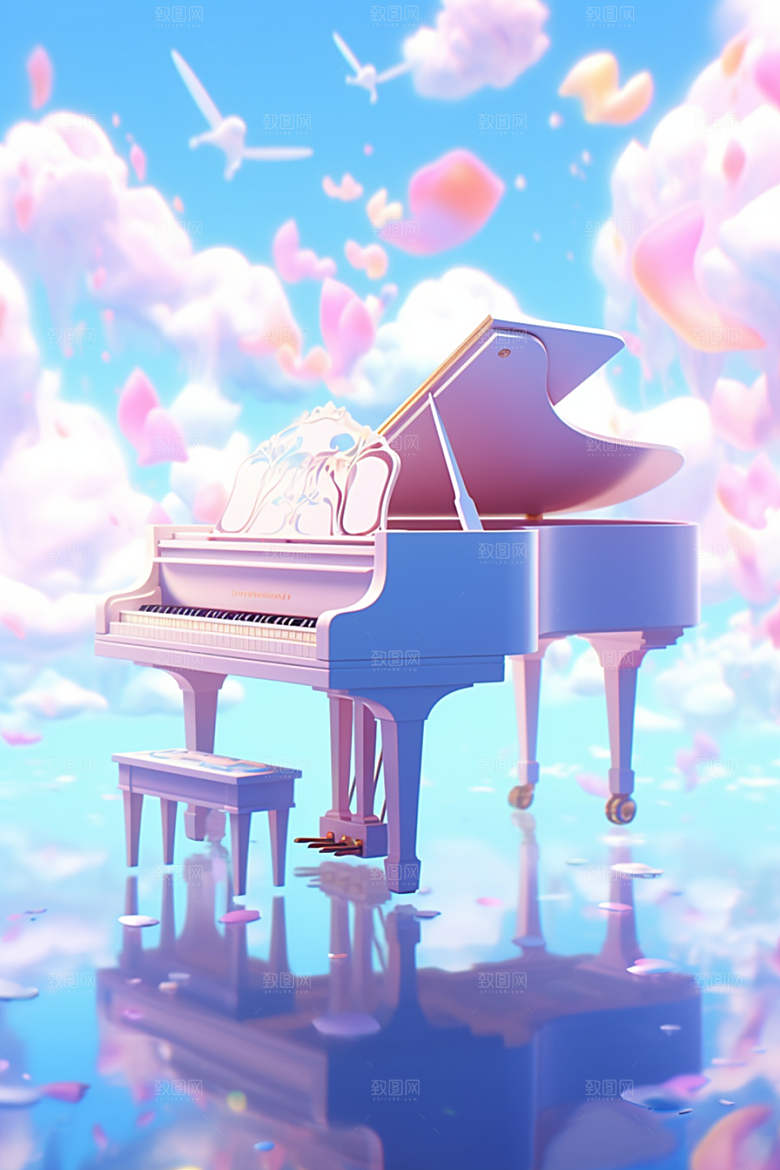梦幻天空乐器浪漫唯美插画