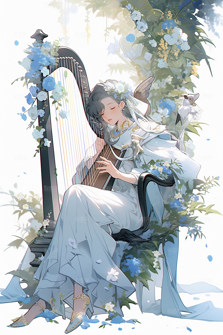 梦幻天空乐器唯美手绘插画