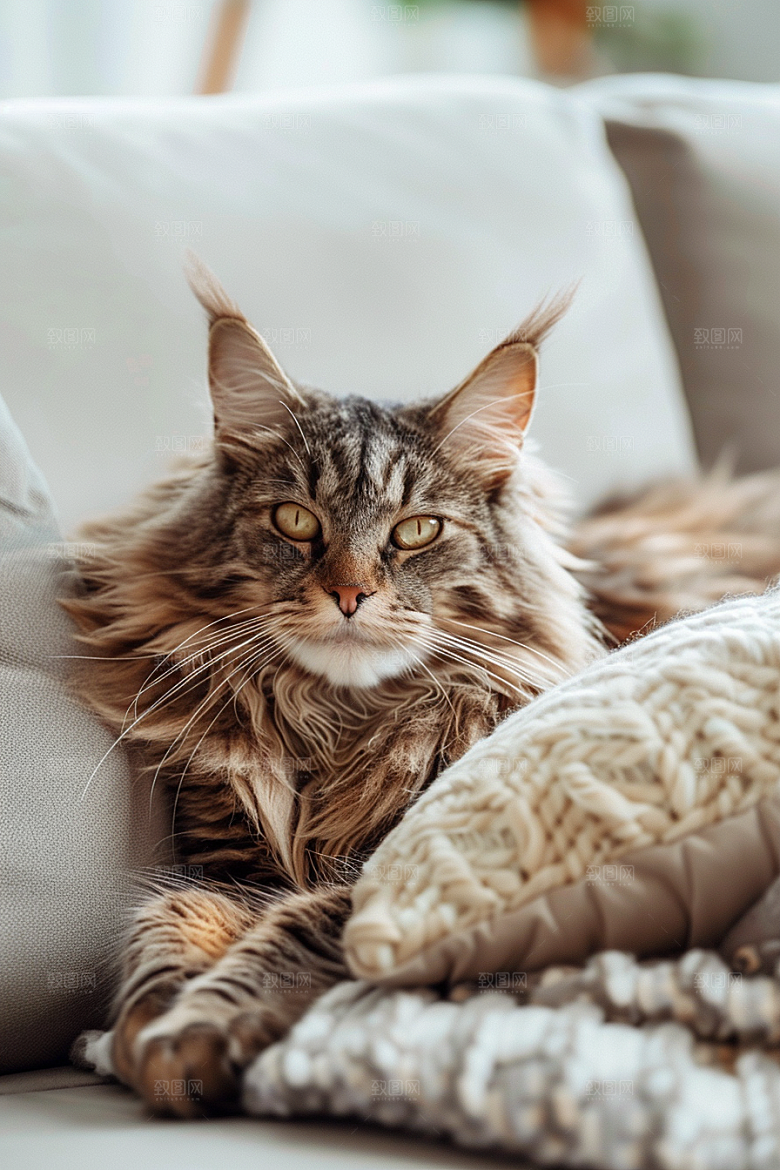 缅因猫陪伴家居生活摄影图