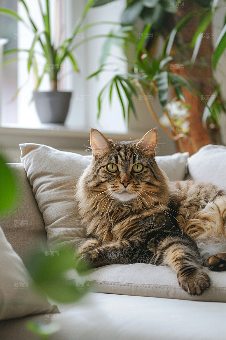 缅因猫家居生活宠物猫摄影图