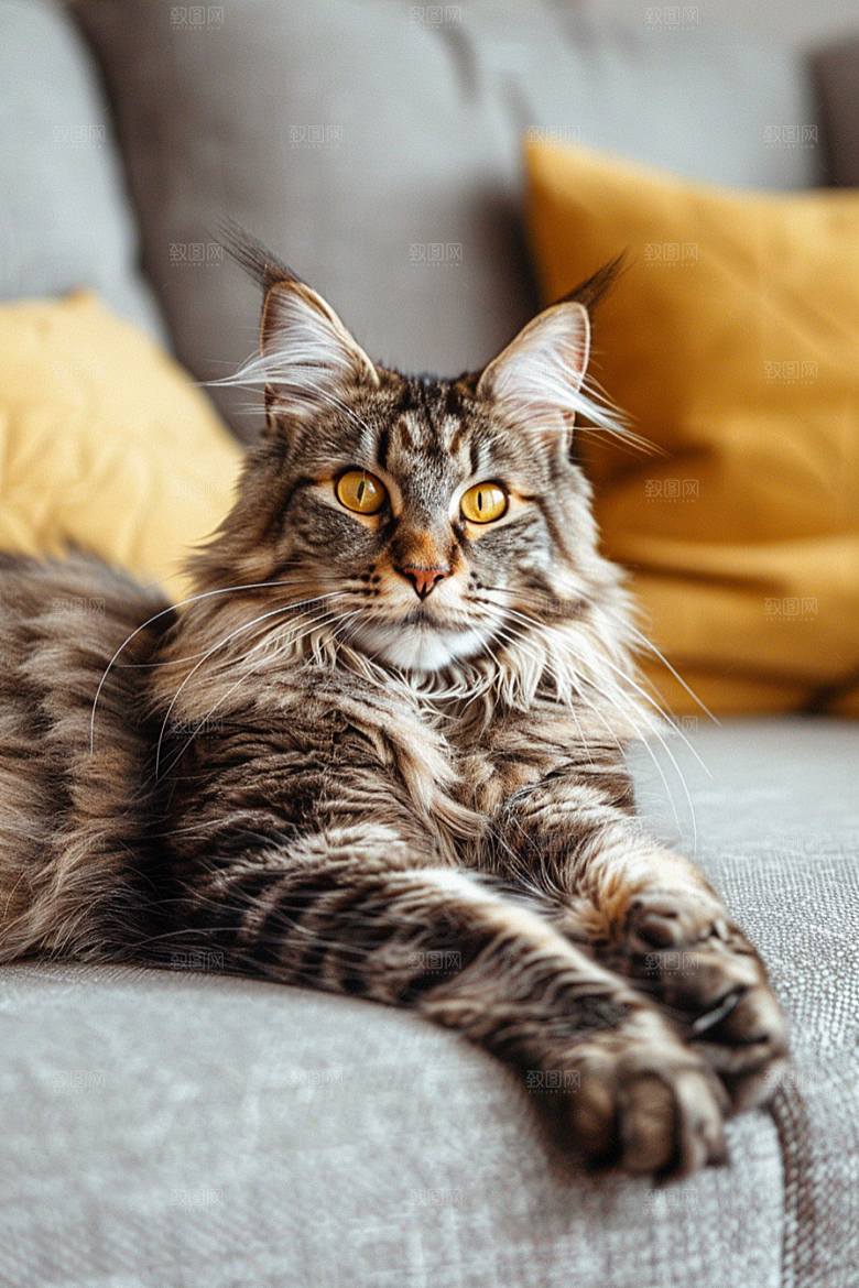 缅因猫家居生活长毛猫摄影图