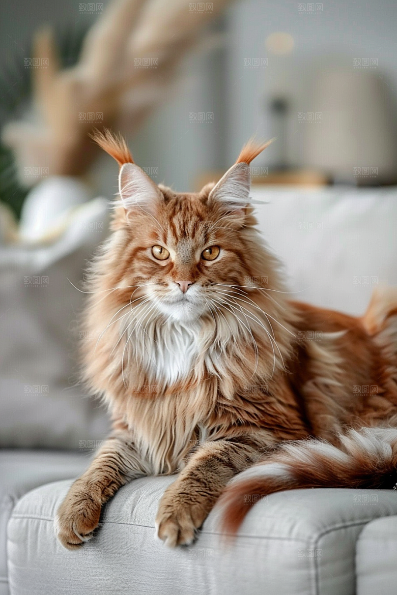 缅因猫家居生活宠物猫摄影图