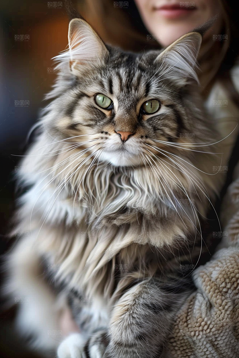 缅因猫陪伴宠物猫摄影图
