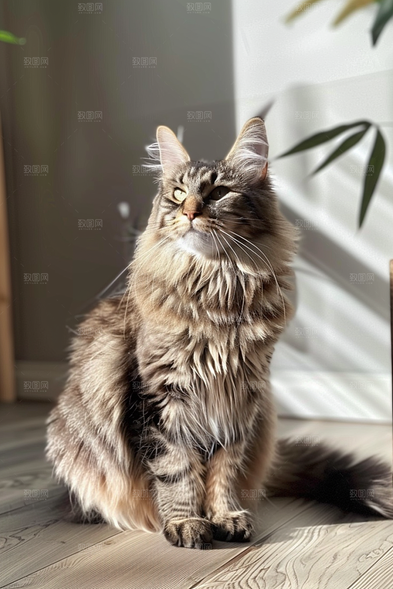 缅因猫长毛猫家居生活摄影图