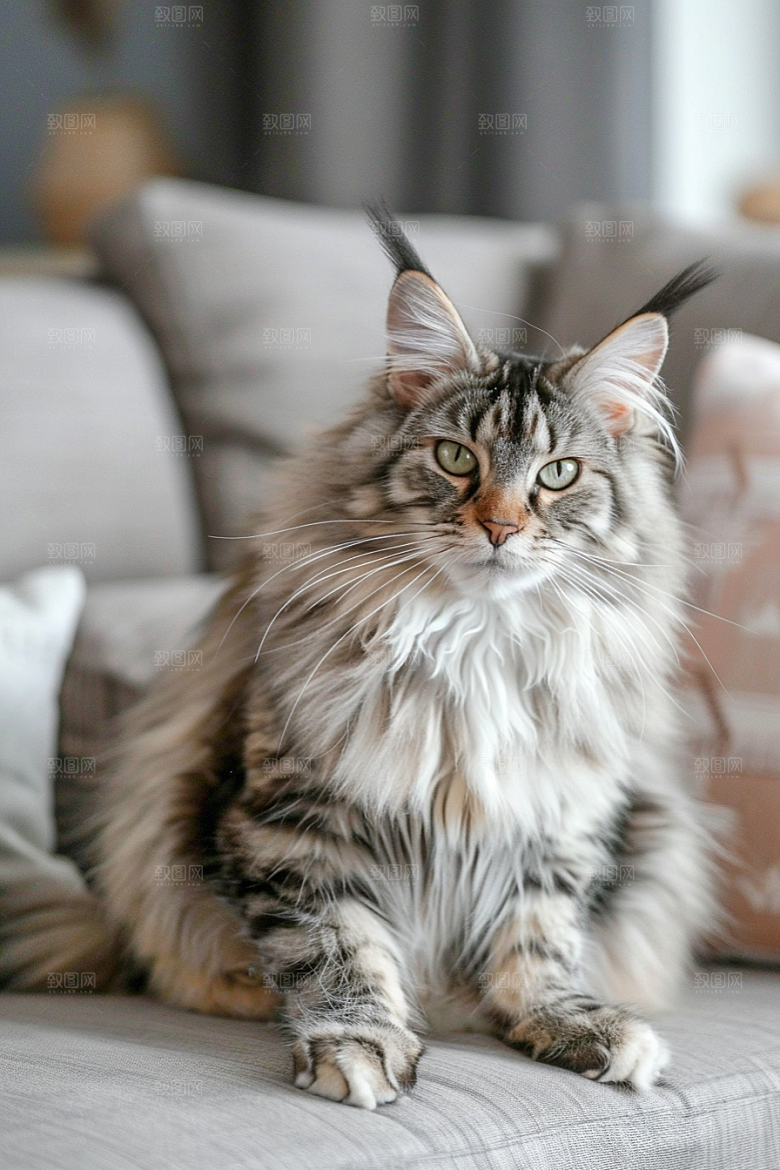 缅因猫家居生活陪伴摄影图