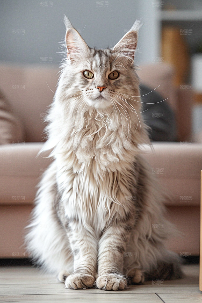 缅因猫家居生活陪伴摄影图