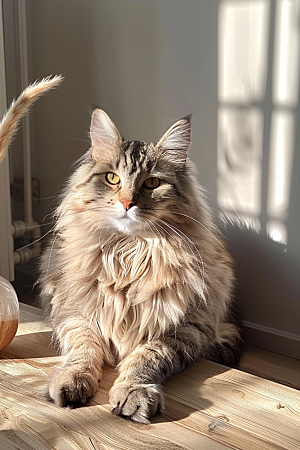 缅因猫陪伴小动物摄影图