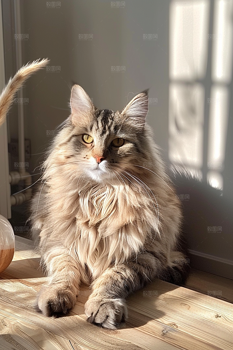 缅因猫陪伴小动物摄影图