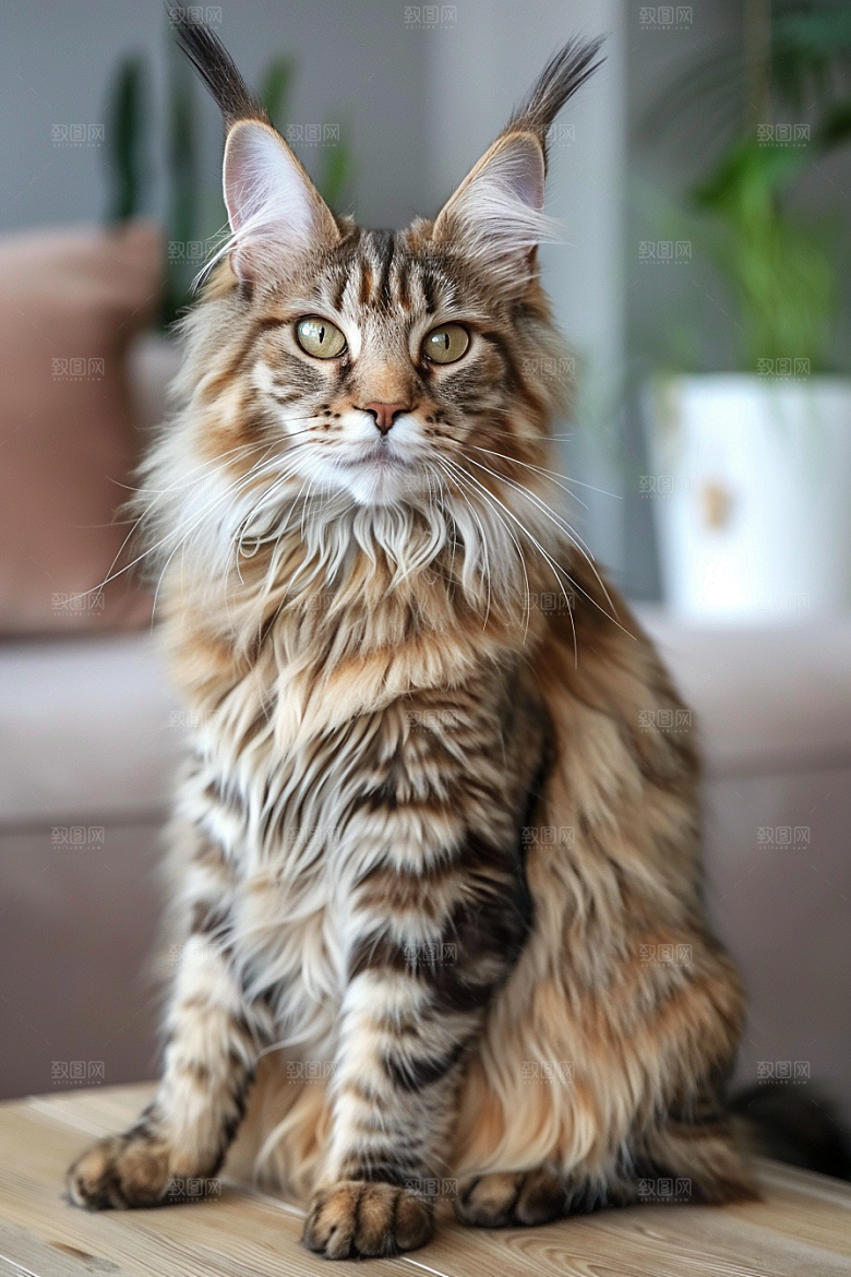 缅因猫家居生活长毛猫摄影图