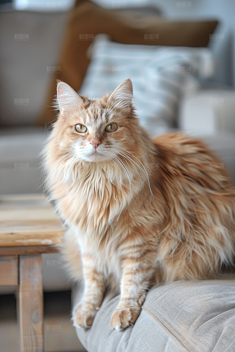 缅因猫陪伴家居生活摄影图