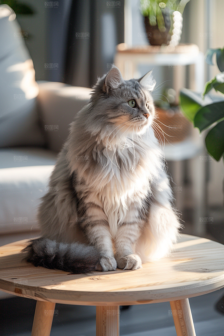 缅因猫长毛猫家居生活摄影图