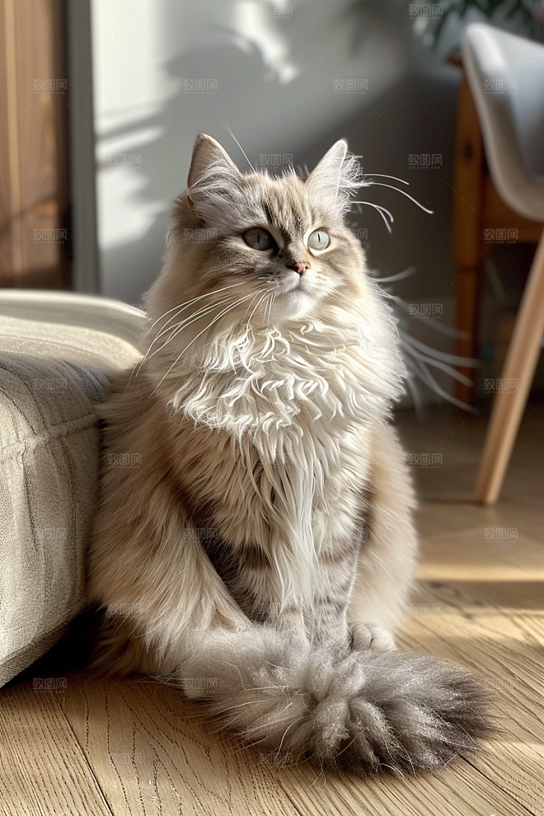 缅因猫毛茸茸家居生活摄影图