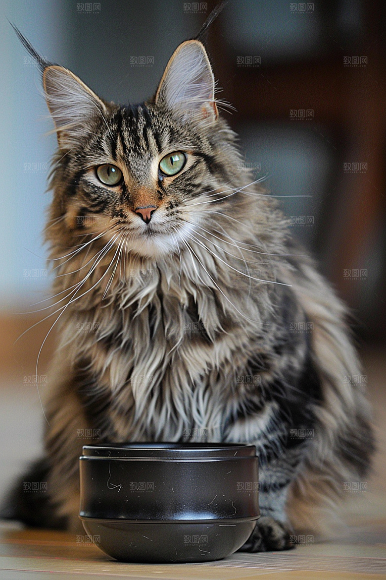 缅因猫陪伴宠物猫摄影图