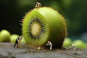 猕猴桃水果采摘微距小人