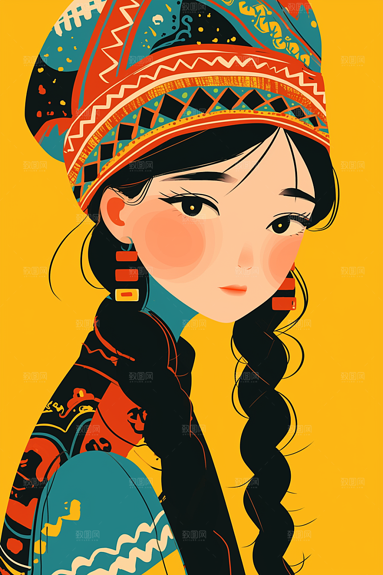 扁平风少数民族彩色地域特色插画