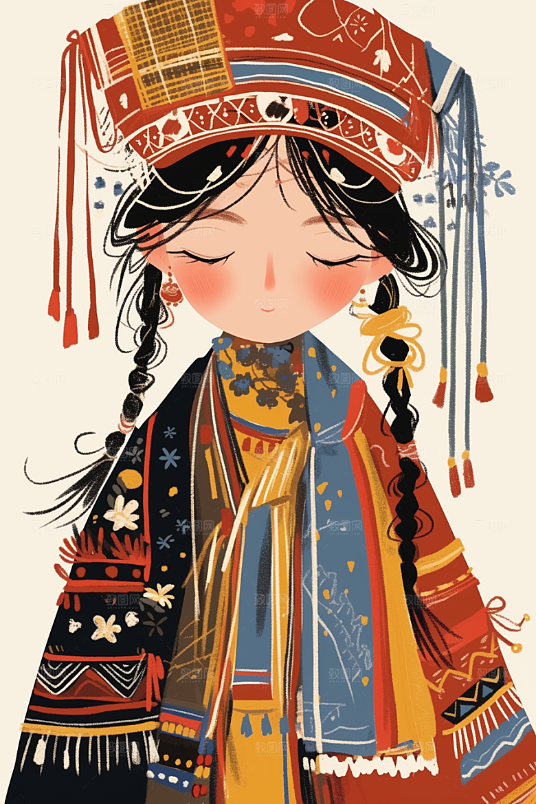 扁平风少数民族艺术感手绘插画