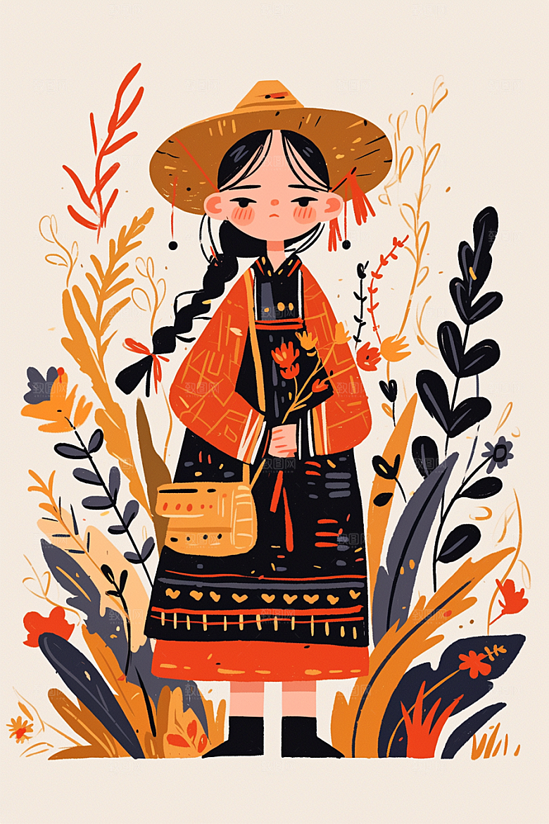 扁平风少数民族传统文化彩色插画