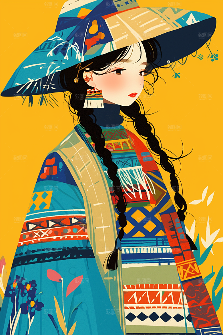 扁平风少数民族手绘传统文化插画