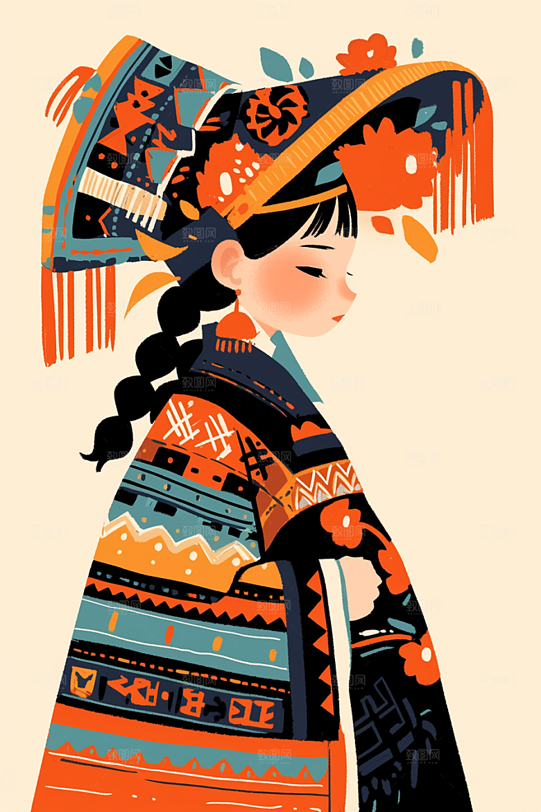 扁平风少数民族人物彩色插画
