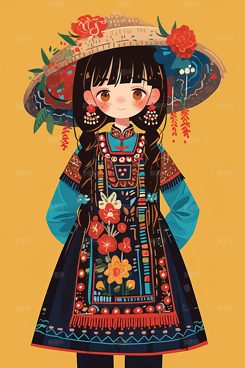 扁平风少数民族手绘艺术感插画