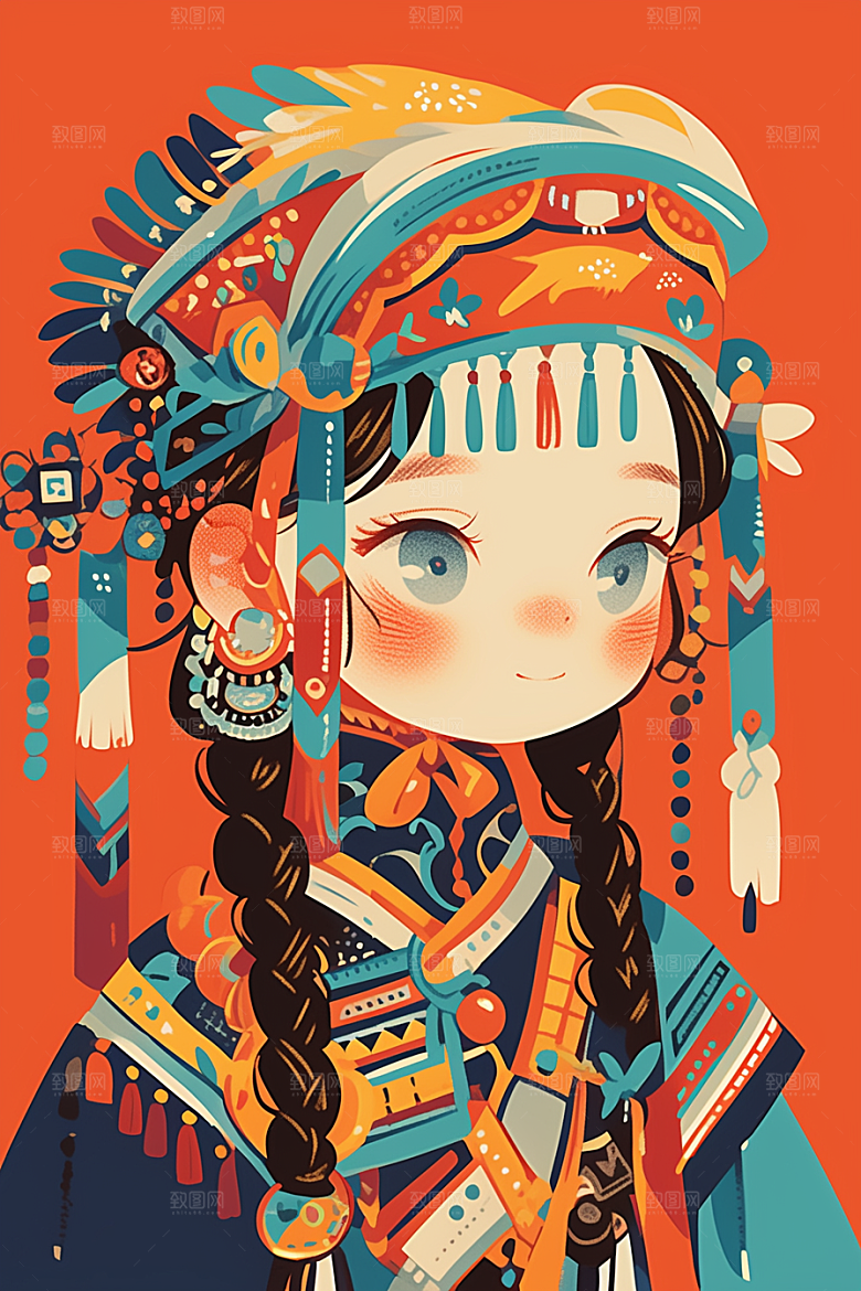 扁平风少数民族艺术感传统文化插画