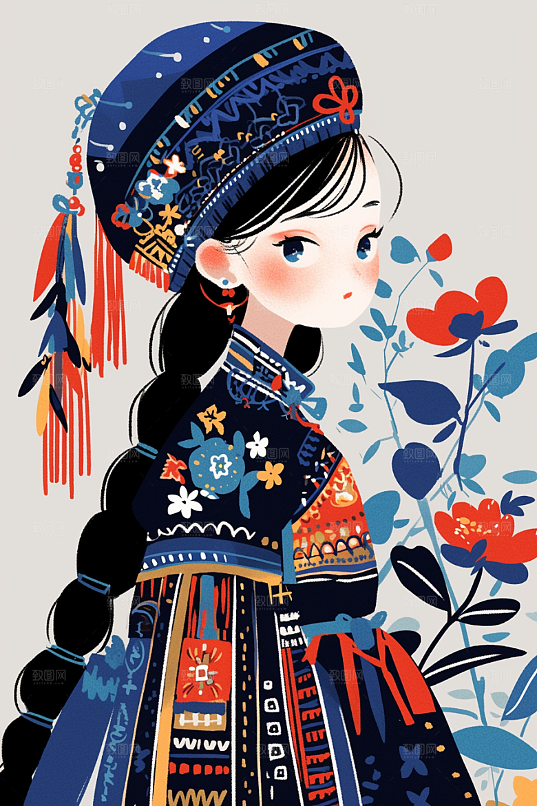 扁平风少数民族彩色传统文化插画