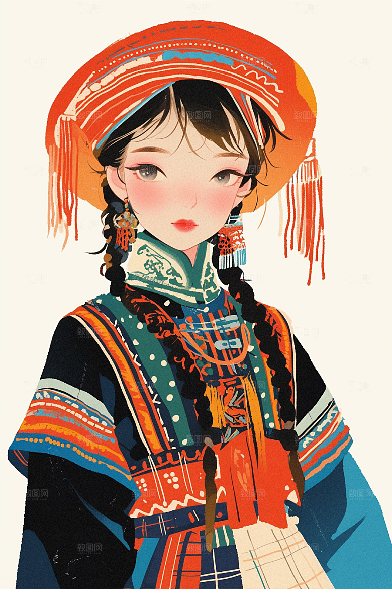扁平风少数民族人物彩色插画