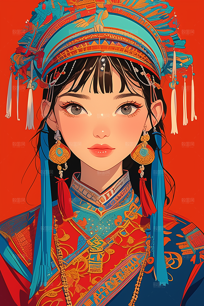 扁平风少数民族彩色地域特色插画