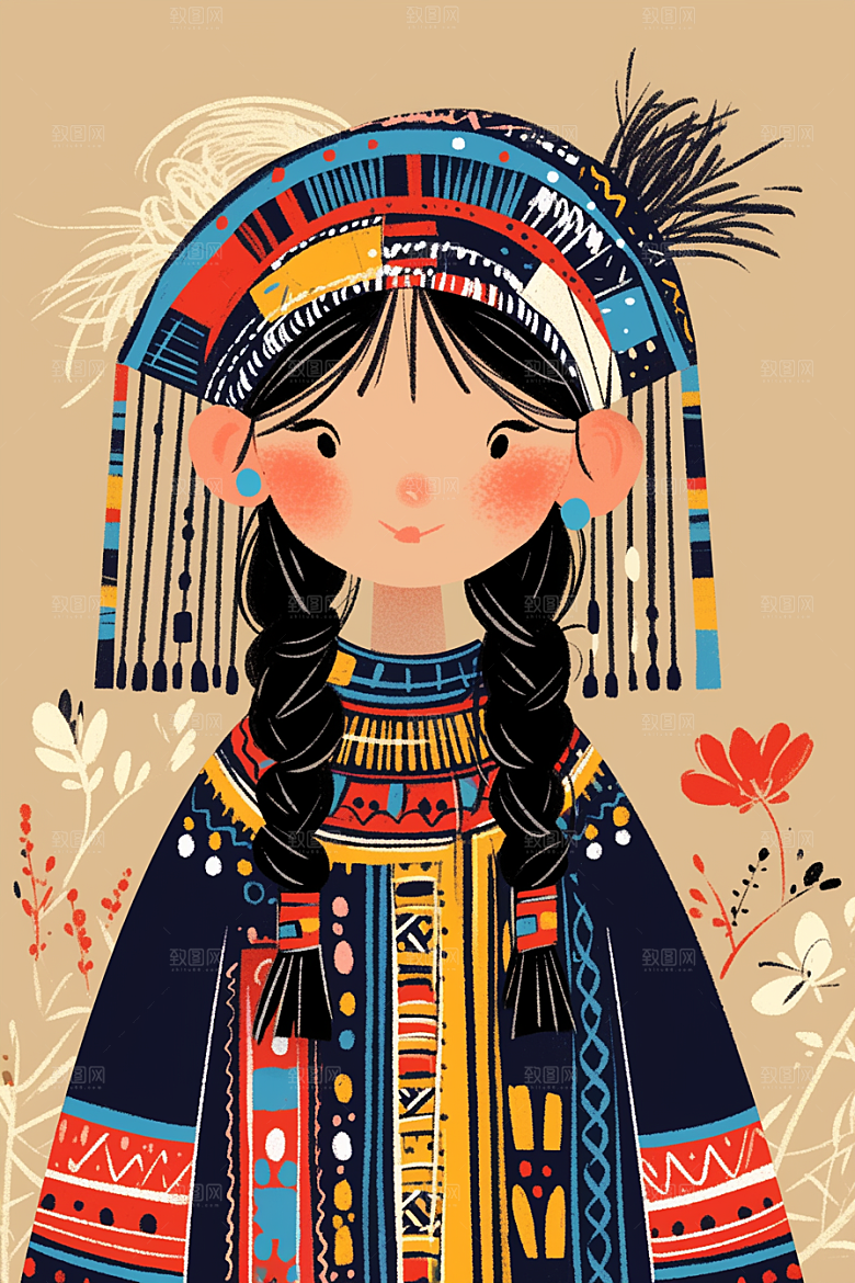 扁平风少数民族传统文化彩色插画