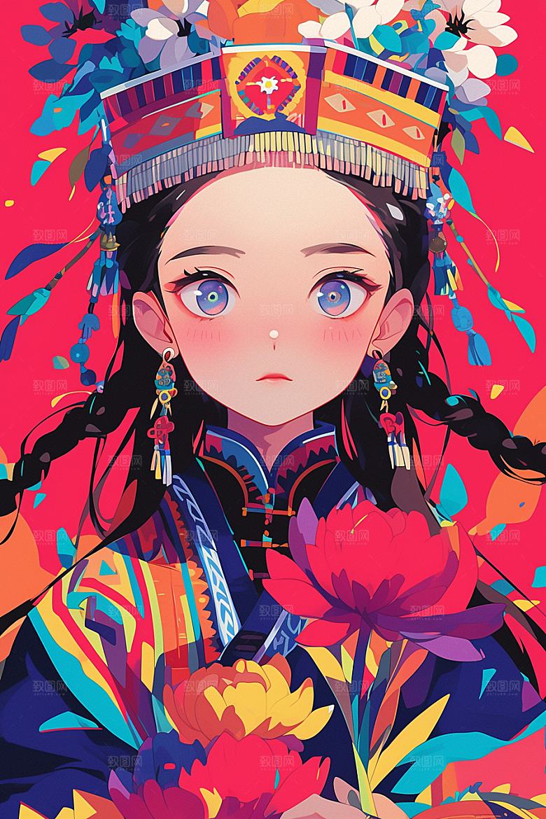 扁平风少数民族彩色艺术感插画