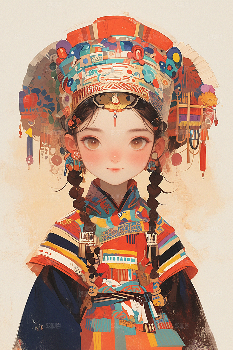 扁平风少数民族彩色人物插画