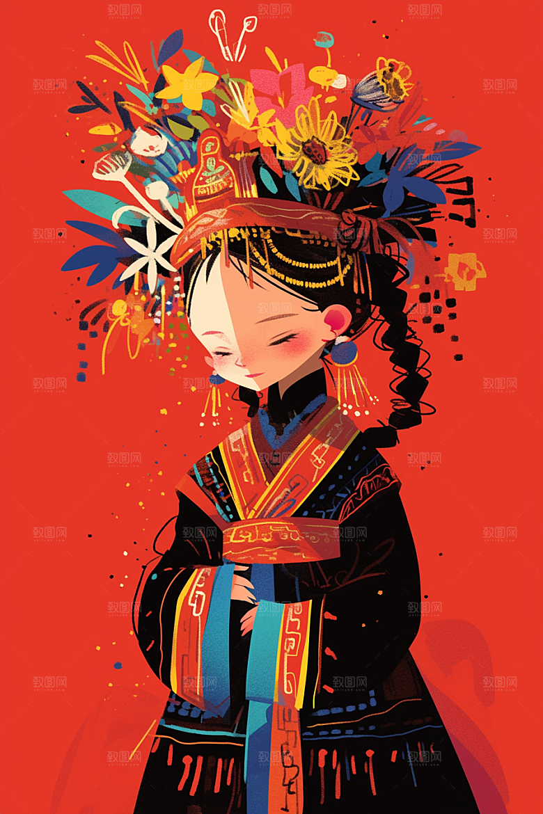 扁平风少数民族手绘高清插画