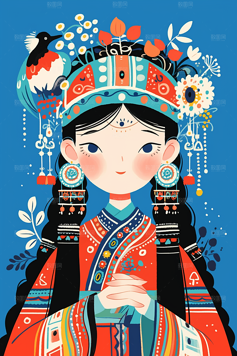 扁平风少数民族彩色地域特色插画