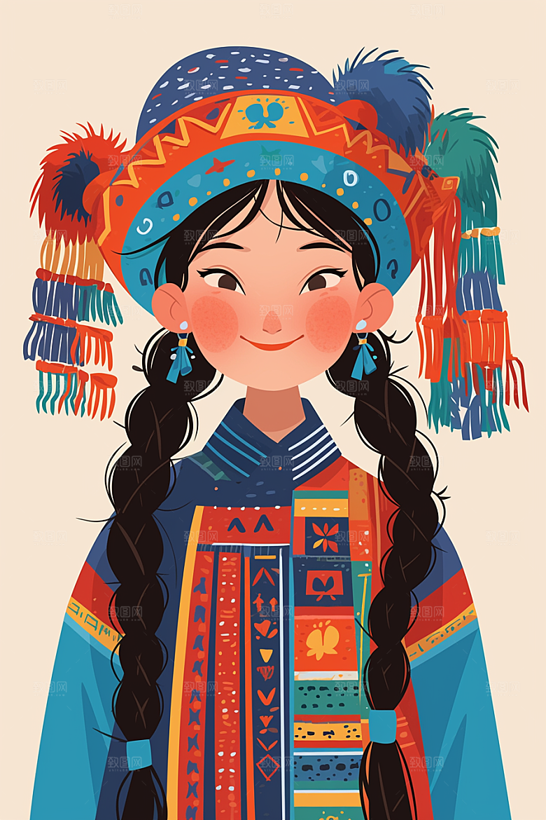 扁平风少数民族彩色艺术感插画