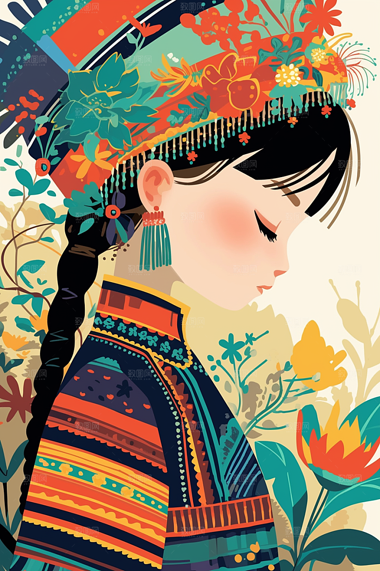 扁平风少数民族彩色地域特色插画