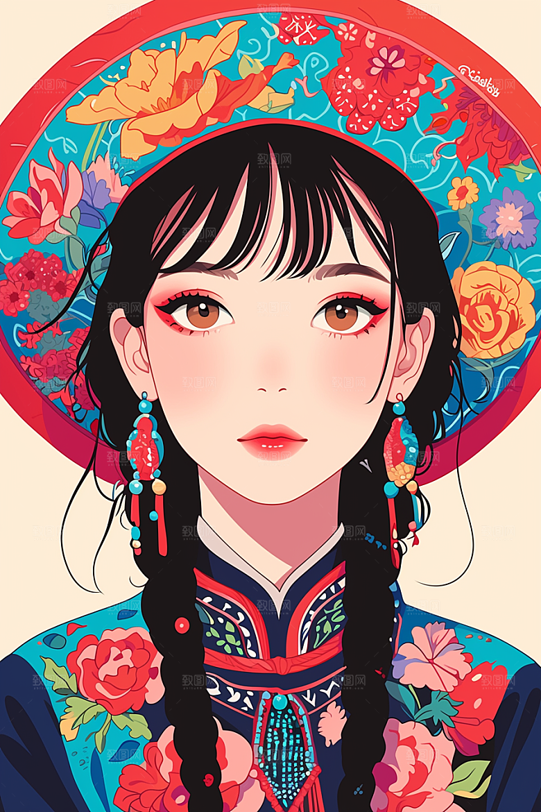 扁平风少数民族传统文化彩色插画