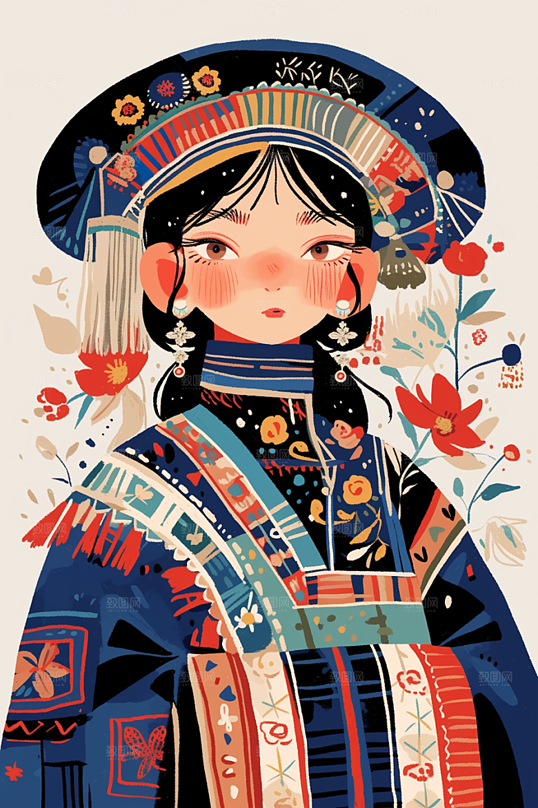 扁平风少数民族中国风艺术感插画