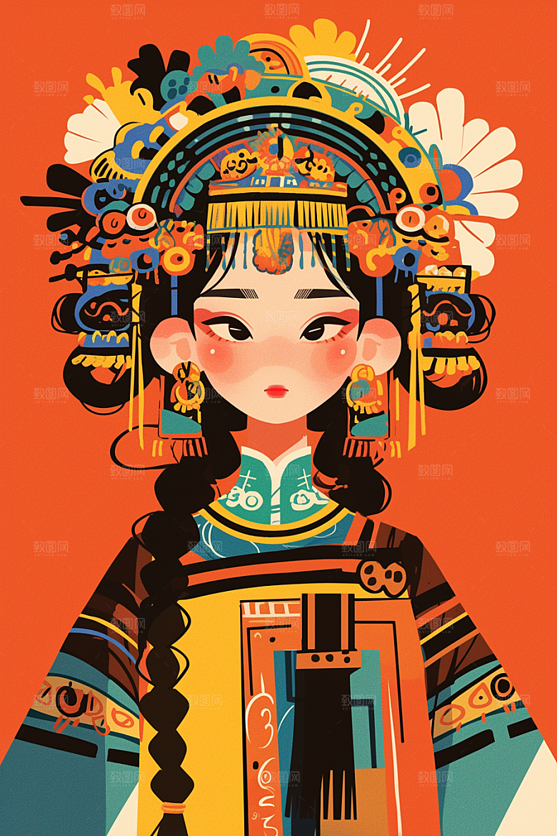 扁平风少数民族平面传统文化插画