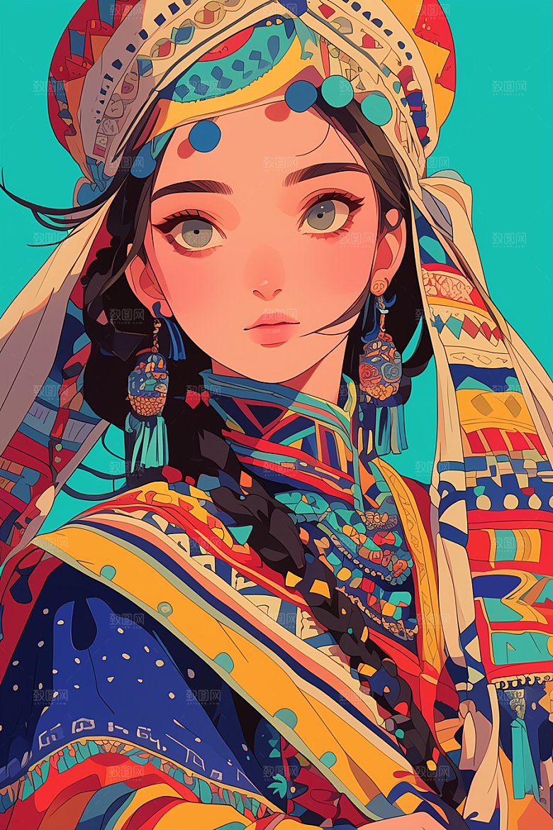 扁平风少数民族地域特色彩色插画