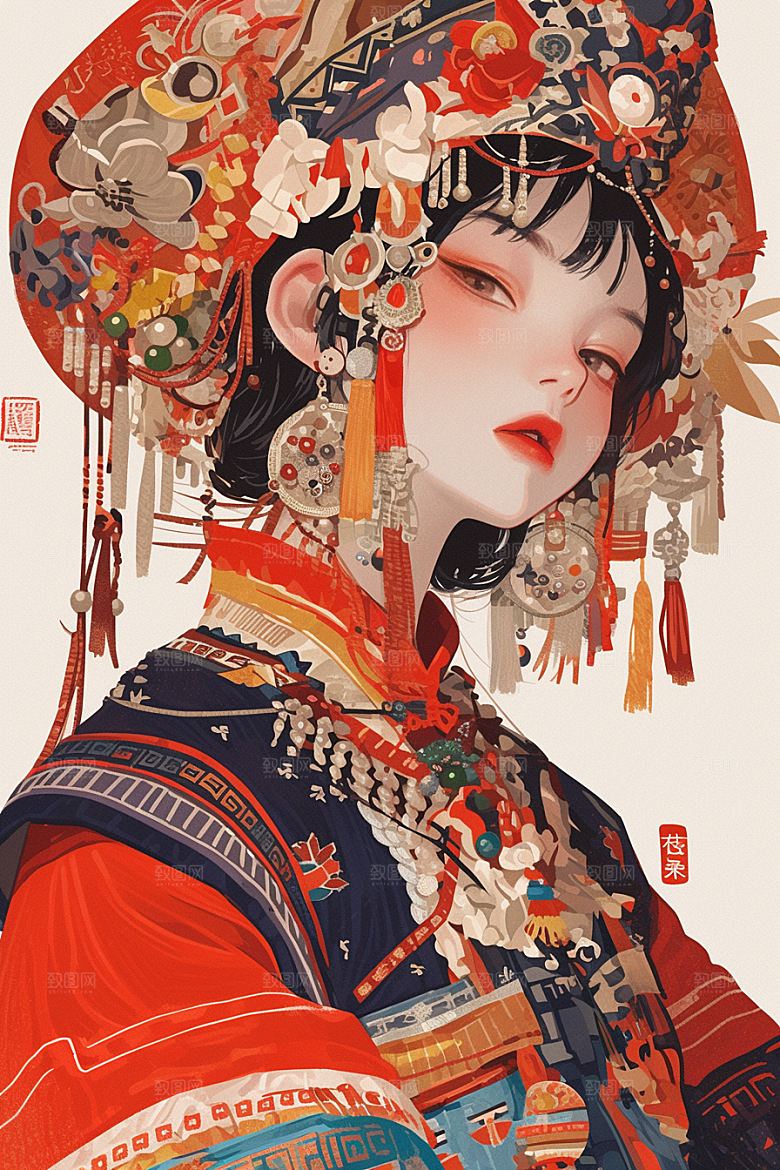 扁平风少数民族彩色人物插画