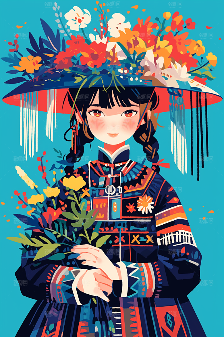 扁平风少数民族艺术感传统文化插画