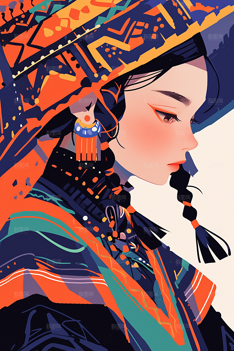 扁平风少数民族地域特色彩色插画
