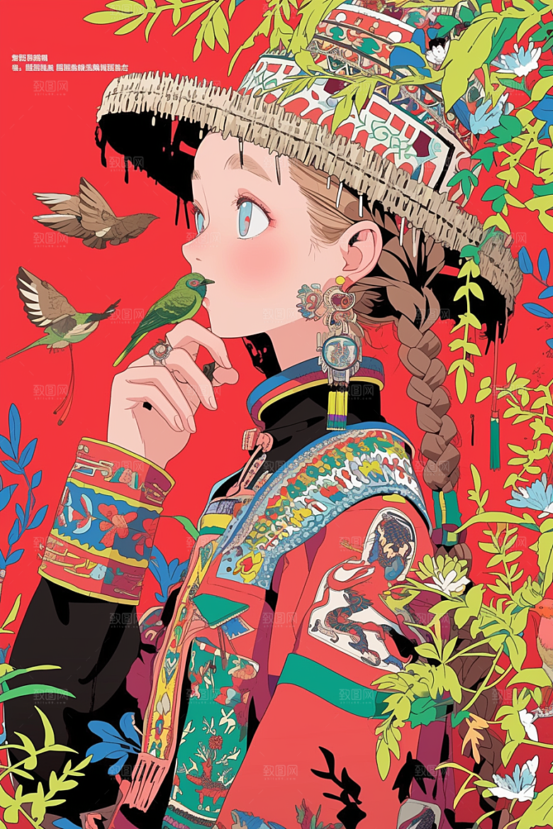 扁平风少数民族彩色中国风插画