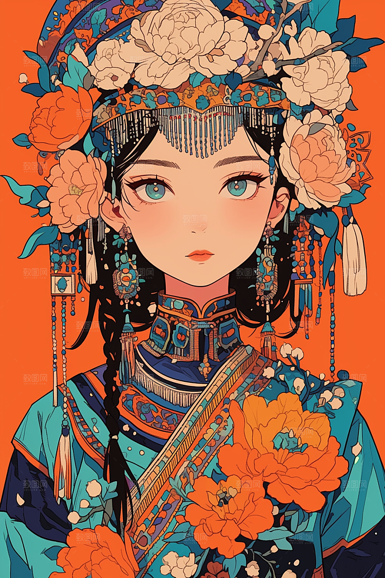 扁平风少数民族传统文化彩色插画