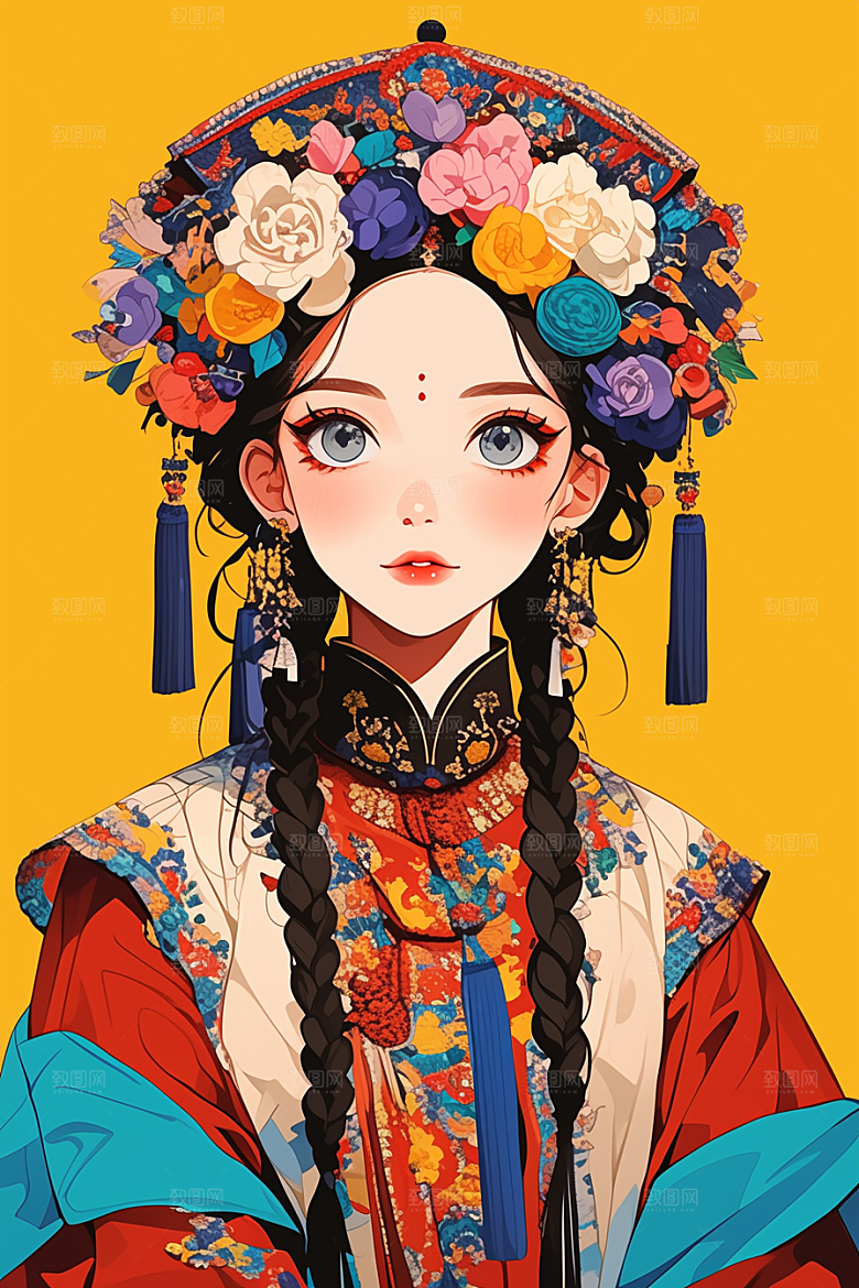 扁平风少数民族人物地域特色插画