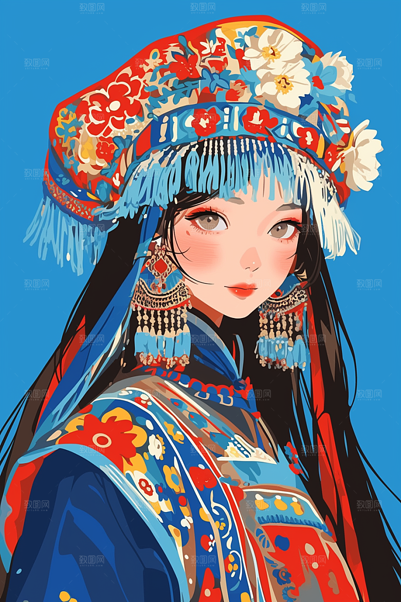 扁平风少数民族地域特色手绘插画