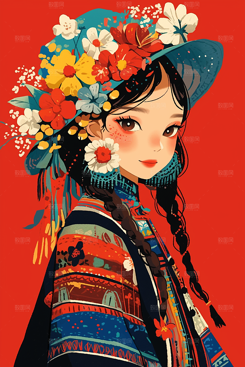 扁平风少数民族传统文化彩色插画