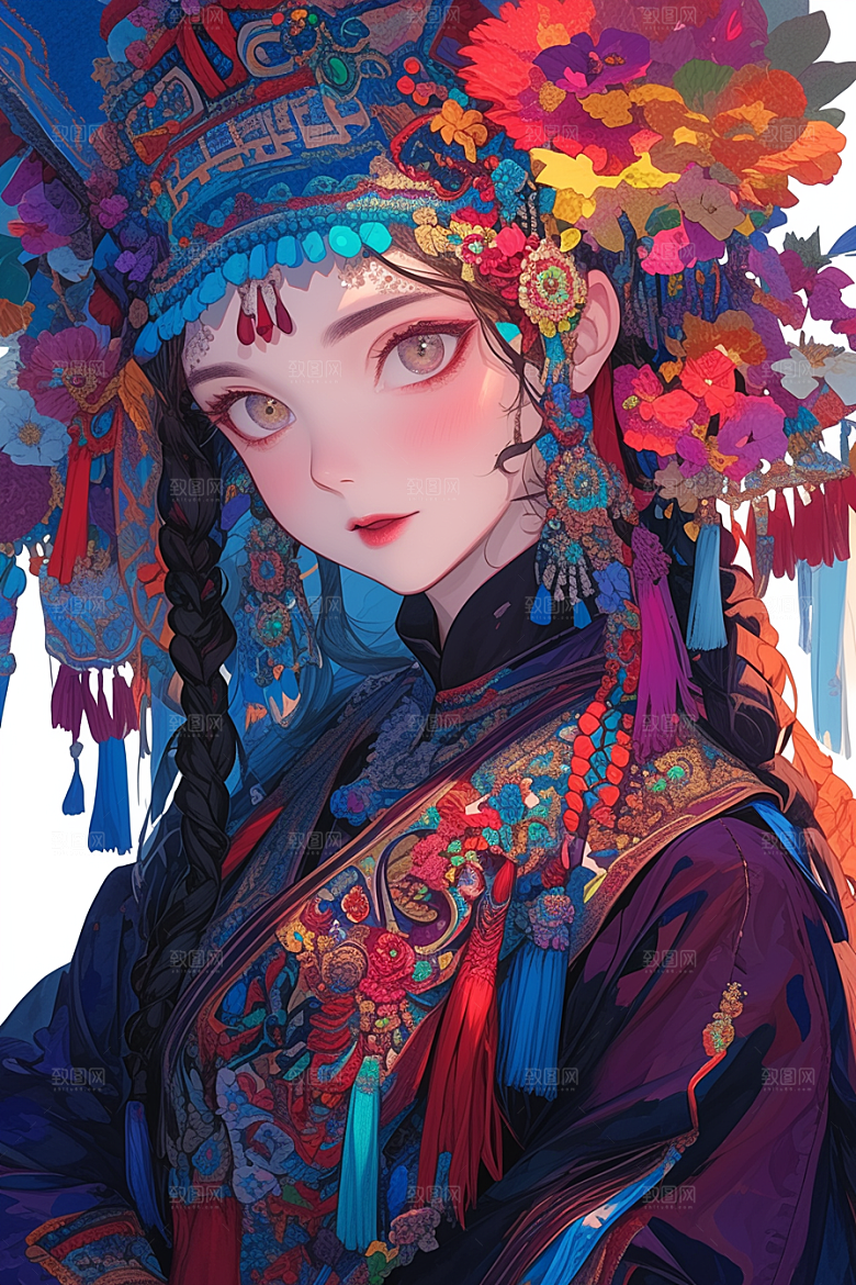 扁平风少数民族艺术感中国风插画